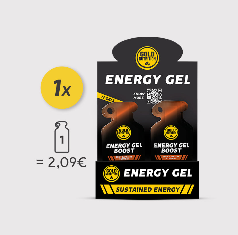 Caixa de gel de energia GoldNutrition Energy Gel Boost sabor caramelo, ideal para reposição de energia durante atividades físicas