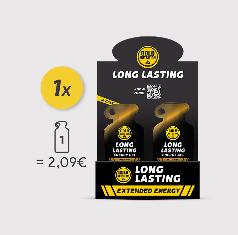 Gel de longa duração GoldNutrition sabor banana, embalagem com uma caixa do produto, ideal para energia duradoura.