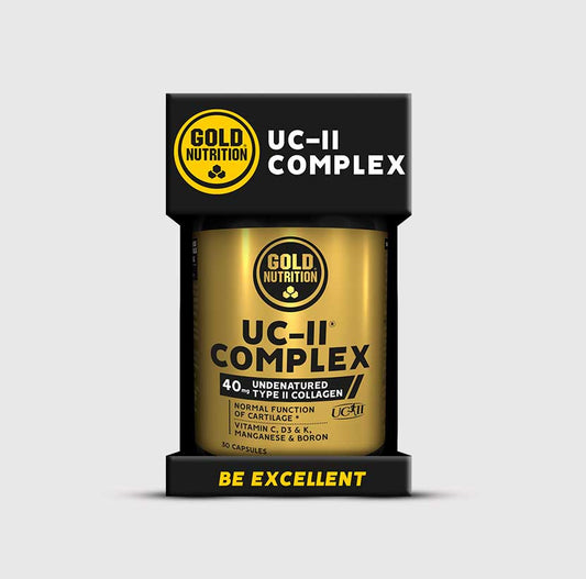 Suplemento UC-II Complex da GoldNutrition, cápsulas de colágeno para a saúde das articulações, em embalagem branca com rótulo colorido.