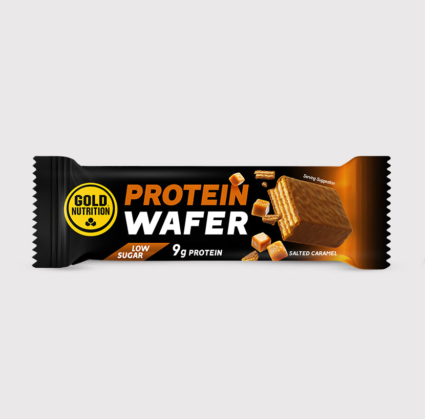 Barra de proteína wafer com sabor caramelo da GoldNutrition, mostrando uma barra crocante com recheio de caramelo.