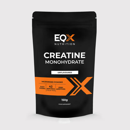 Embalagem EQX Creatine Monohydrate 150 g, creatina monohidratada micronizada sem sabor, vista frontal.