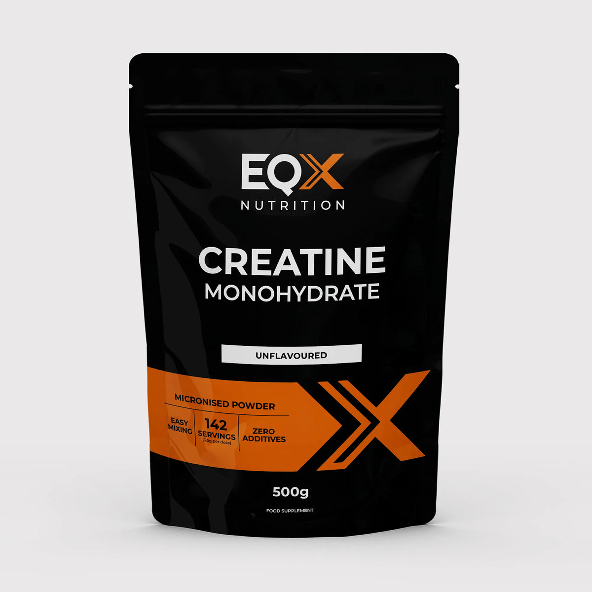 Embalagem EQX Creatine Monohydrate 500 g, creatina monohidratada micronizada sem sabor, vista frontal.
