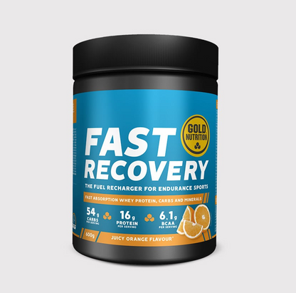 Suplemento Fast Recovery da GoldNutrition, frasco com cápsulas para recuperação rápida, visto de frente.
