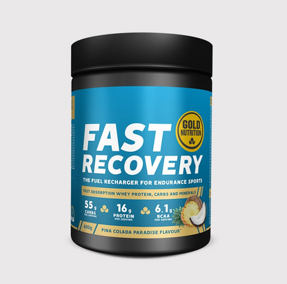 Suplemento Fast Recovery da GoldNutrition, pó para recuperação rápida, em embalagem com rótulo azul e branco.