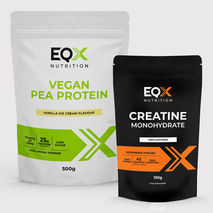 EQX Vegan Starter Pack com proteína de ervilha Vanilla Ice Cream 500 g e creatina sem sabor 150 g.