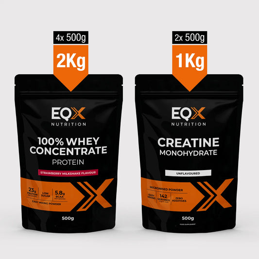 EQX Whey Max Pack com proteína whey Strawberry Milkshake 4 × 500 g e creatina sem sabor 2 × 500 g.