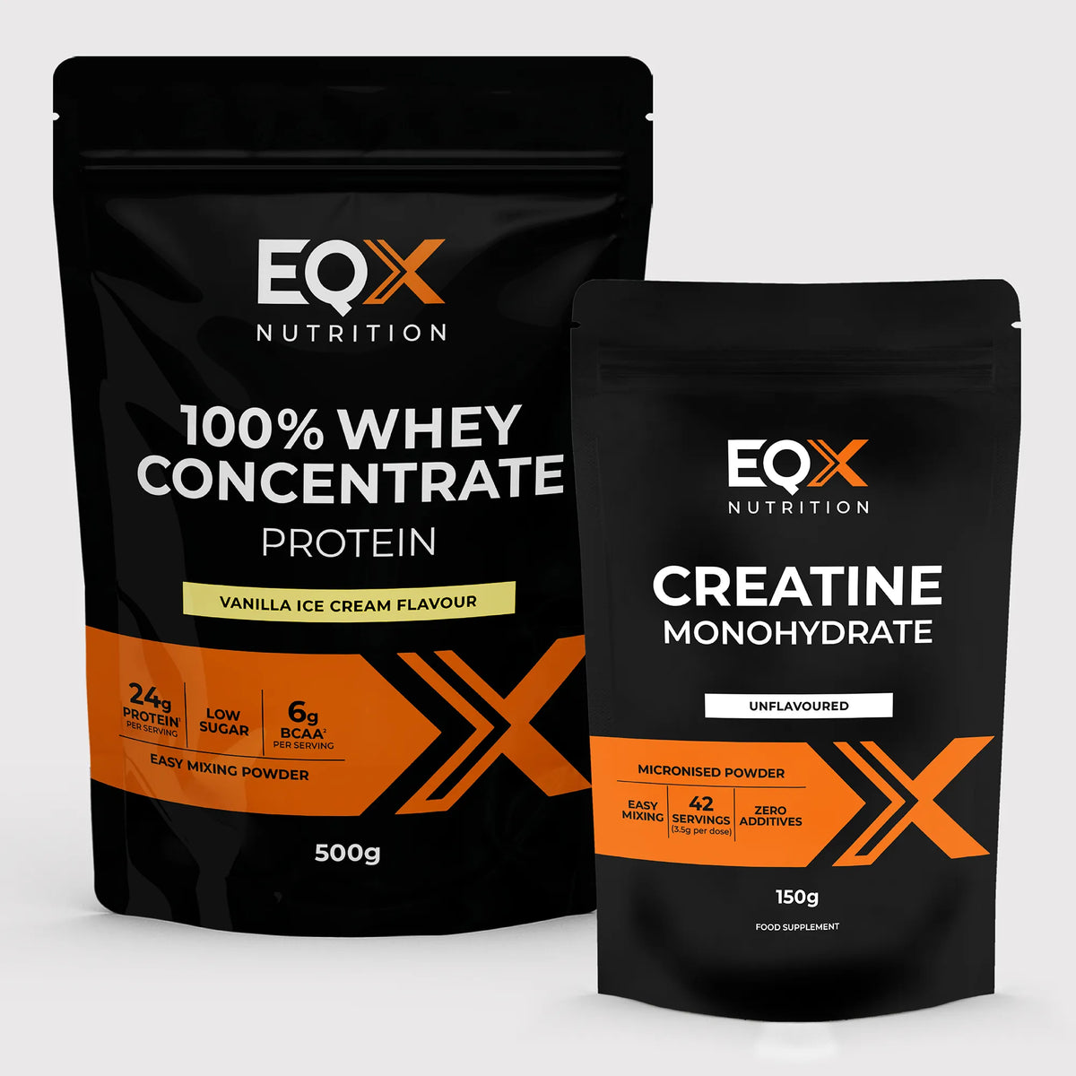 EQX Whey Starter Pack com proteína whey Vanilla Ice Cream 500 g e creatina sem sabor 150 g.