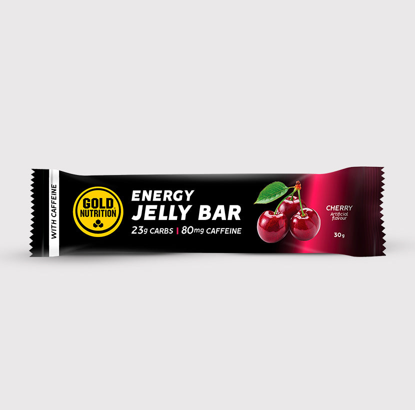 Barras de gel Jelly Bar de cereja com cafeína da GoldNutrition, apresentando embalagem e sabor cereja.