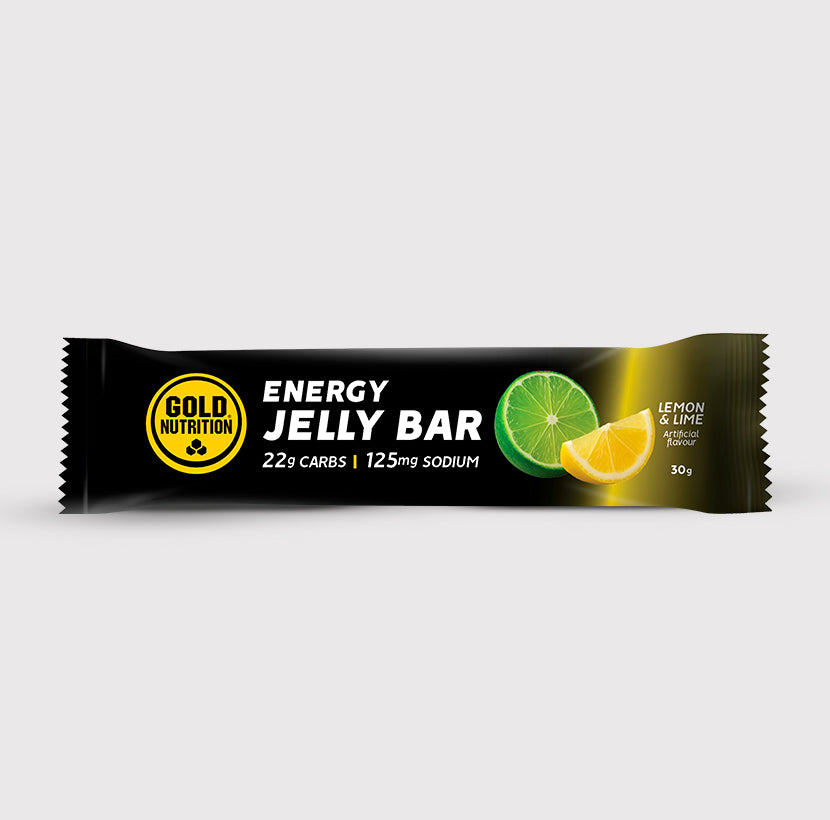 Barra de gel nutritiva GoldNutrition Jelly Bar sabor limão e lima, ideal para energia durante atividades físicas.