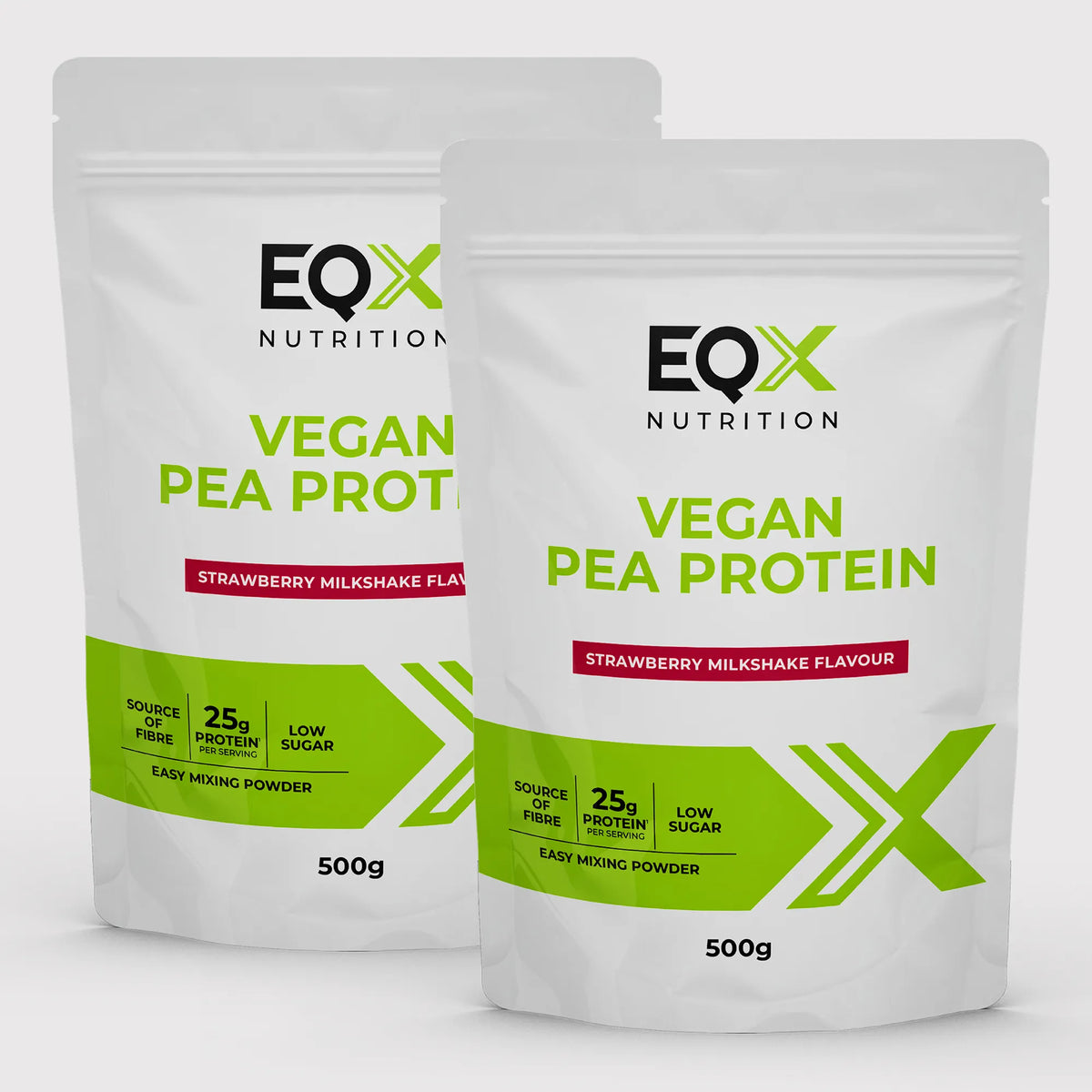 Embalagem EQX Vegan Pea Protein Strawberry Milkshake 2x500 g, vista frontal