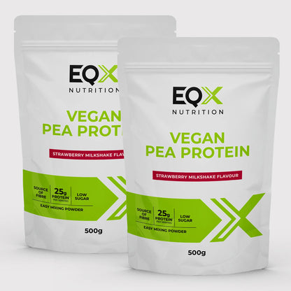 Embalagem EQX Vegan Pea Protein Strawberry Milkshake 2x500 g, vista frontal